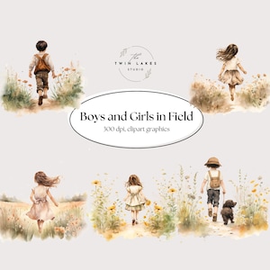 Girl in Field with Flowers, Boy in Field with Flowers, Watercolor Clipart, Commercial Use
