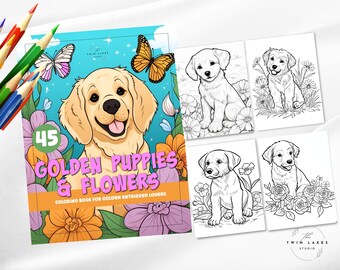 Adorable Golden Retriever Puppies Coloring Book with Flower Designs | Golden Puppy Coloring Pages | Digital Download