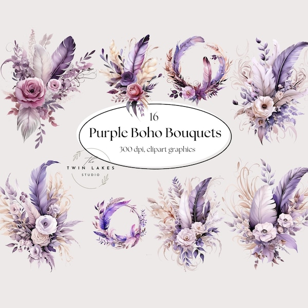 Boho Floral Clipart, Purple Boho Floral Bouquet, Clipart, Bohemian, Boho Wreath Clipart, Boho Flower Clipart, Commercial Use