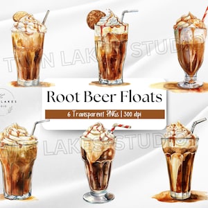 以下が含まれることがあります： ホイップクリームとチェリーをトッピングしたルートビアフロートのウォーターカラーイラスト6点。イラストは白い背景に、茶色の文字で「Root Beer Floats」と「6 Transparent PNGs | 300 dpi」のテキストが書かれています。