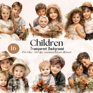 16 Aquarell Kinder - Jungen und Mädchen - Geschwister - Brüder und Schwestern - Clipart - Digital Download - Kommerzielle Nutzung