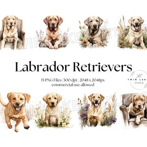 May include: A digital illustration of ten Labrador Retrievers in various poses. The dogs are depicted in a watercolor style with soft, muted colors. Some dogs are sitting, some are standing, and one is running. The dogs are surrounded by flowers and greenery.