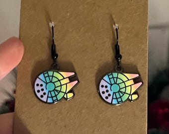 Rainbow Millennium Falcon space fight enamel earrings