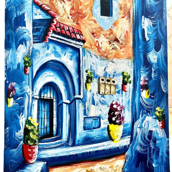 Tableau chefchaouen, Peinture acrylique sur toile, peinture huile contemporaine, la porte bleue, la ville bleue