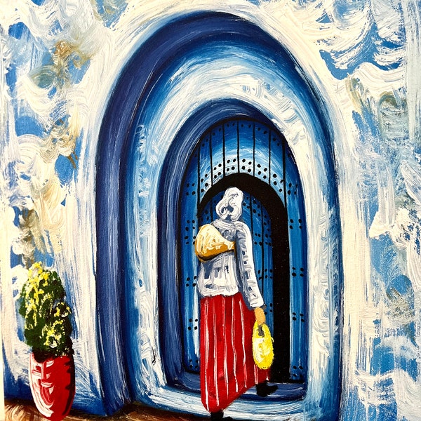 Tableau Chefchaouen, peinture originale sur toile, Art murale, porte Chefchaouen