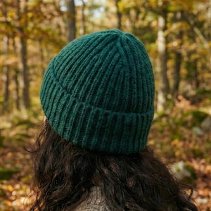 May include: A dark green ribbed knit beanie. The hat is made of a thick, warm material and is designed to keep the head warm. The beanie is shown from the back, with the wearer's dark hair and a neutral-colored sweater visible.
