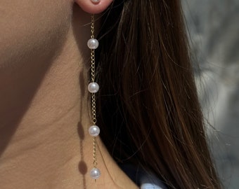 Pendientes colgantes de perlas de agua dulce, regalo del día de San Valentín, pendientes de perlas nupciales, pendientes de perlas de oro colgantes, pendientes de boda, regalo de damas de honor