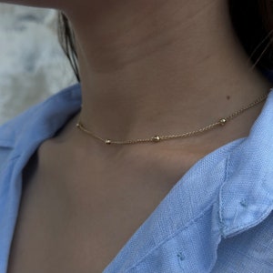 Satellite Necklace, Valentine&#39;s Day Gift, Minimalist Choker, Bead Motif Necklace, Dainty Gold Choker, Bead Necklace, Small Balls Choker