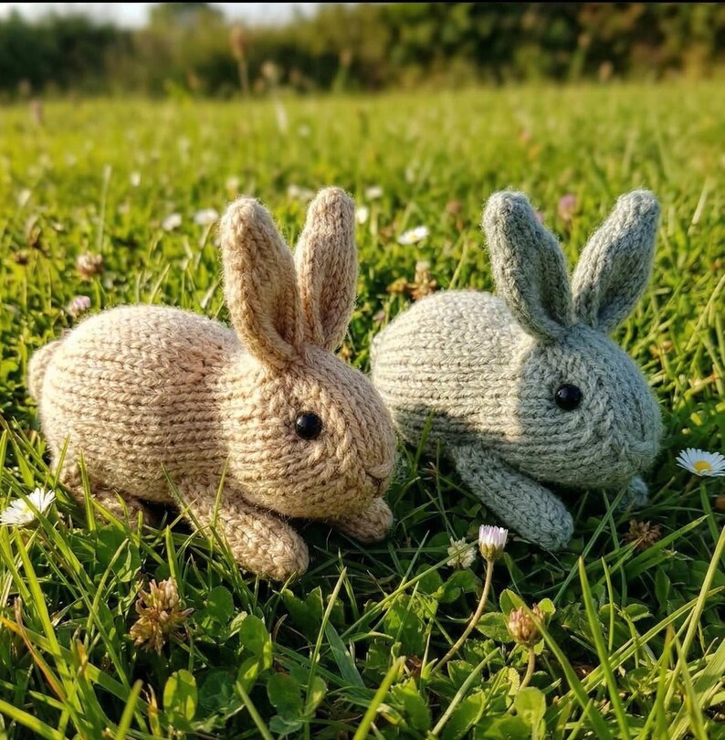 May include: Two knitted bunny rabbits in a grassy field. One bunny is light tan, the other is light gray. Both have black eyes and long ears. The bunnies are lying down in the grass, surrounded by small white flowers and green grass.
