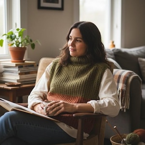 May include: A woman wearing a green, orange, and brown knitted vest with a high neck, sitting in a chair and holding a mug and a book. The vest is layered over a white shirt. A basket of yarn and knitting needles sits nearby.