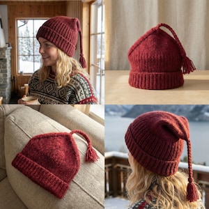 Peut inclure: Un bonnet en tricot bordeaux avec un long pompon incurvé. Le bonnet a un bord côtelé et un sommet pointu. Le pompon pend du haut du bonnet. Le bonnet est présenté sous plusieurs angles.