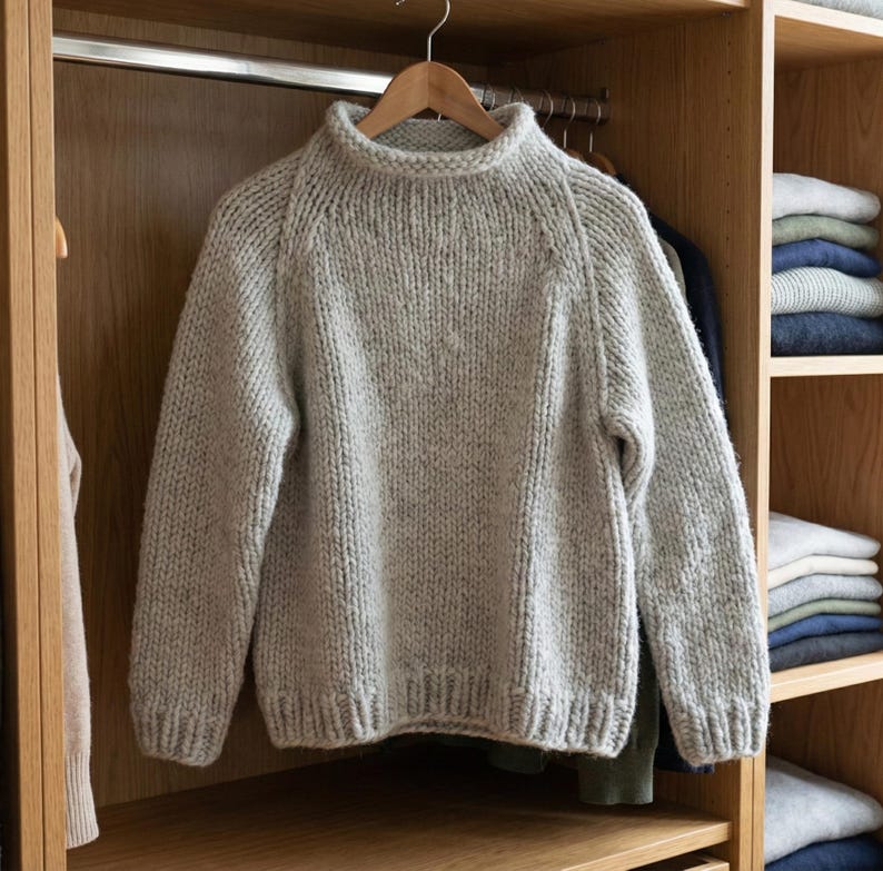 K&ouml;nnte beinhalten: Ein hellgrauer, grob gestrickter Pullover mit hohem, geripptem Ausschnitt. Der Pullover h&auml;ngt an einem Holzb&uuml;gel in einem Holzschrank. Der Schrank hat Regale mit gefalteter Kleidung.