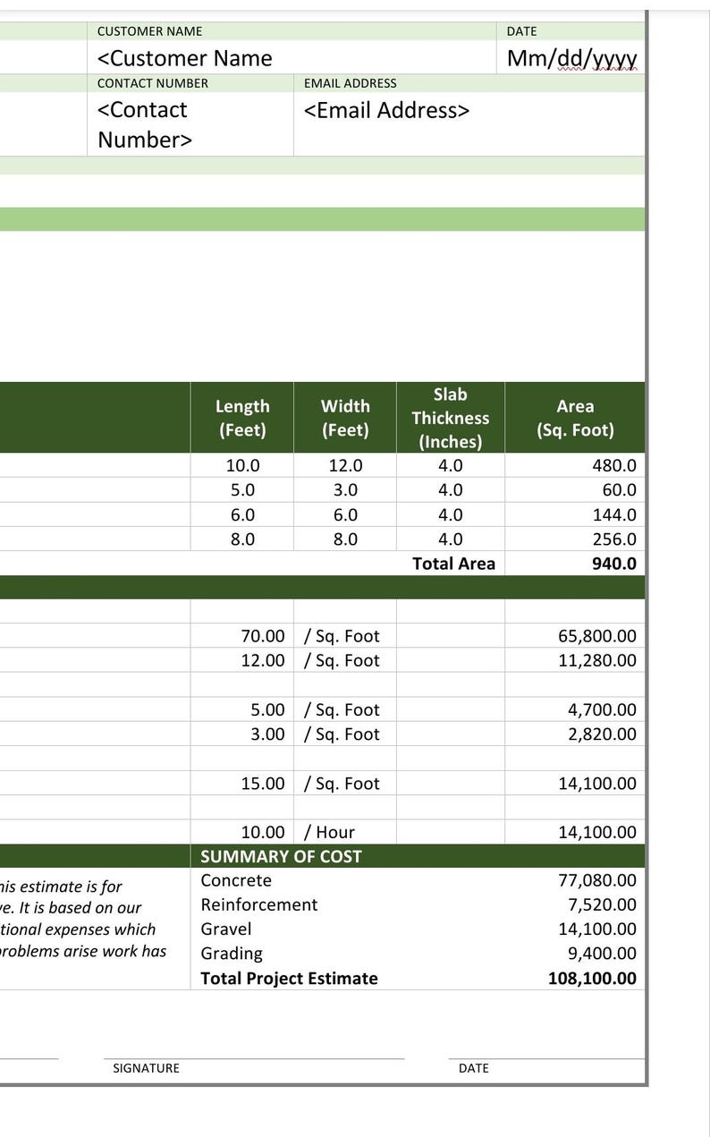 Concrete Estimate Template | Construction Cost Estimator | Contractor ...