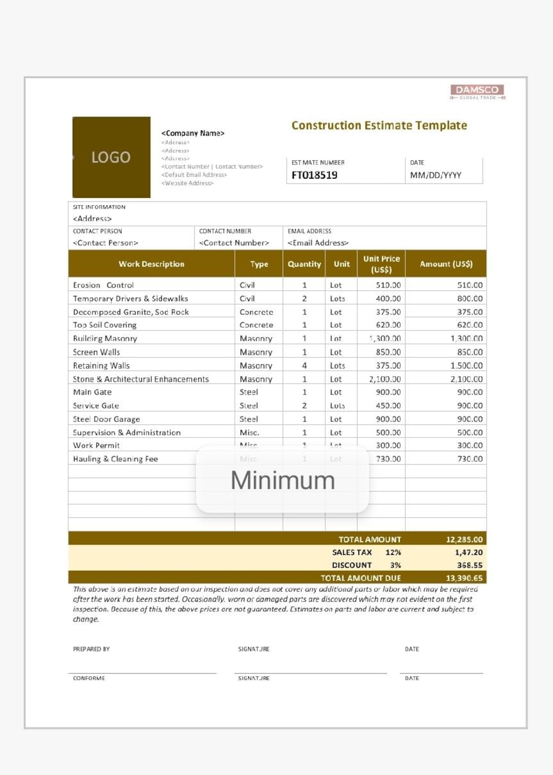 Editable Construction Work Order Template – Invoice & Estimate Form for ...