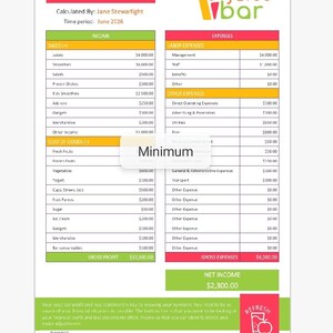 May include: A juice bar profit and loss statement, detailing income, expenses, and net income for June 2026. Includes sales, cost of goods, and labor expenses. Features a "Refresh" button with a juice graphic.