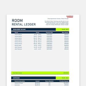 Puede incluir: Un documento PDF titulado "ROOM RENTAL LEDGER" con una pancarta verde y amarilla. El documento detalla los ingresos y gastos de alquiler de habitaciones para el año 2023, incluidos los nombres de los inquilinos, las fechas de pago y los importes.