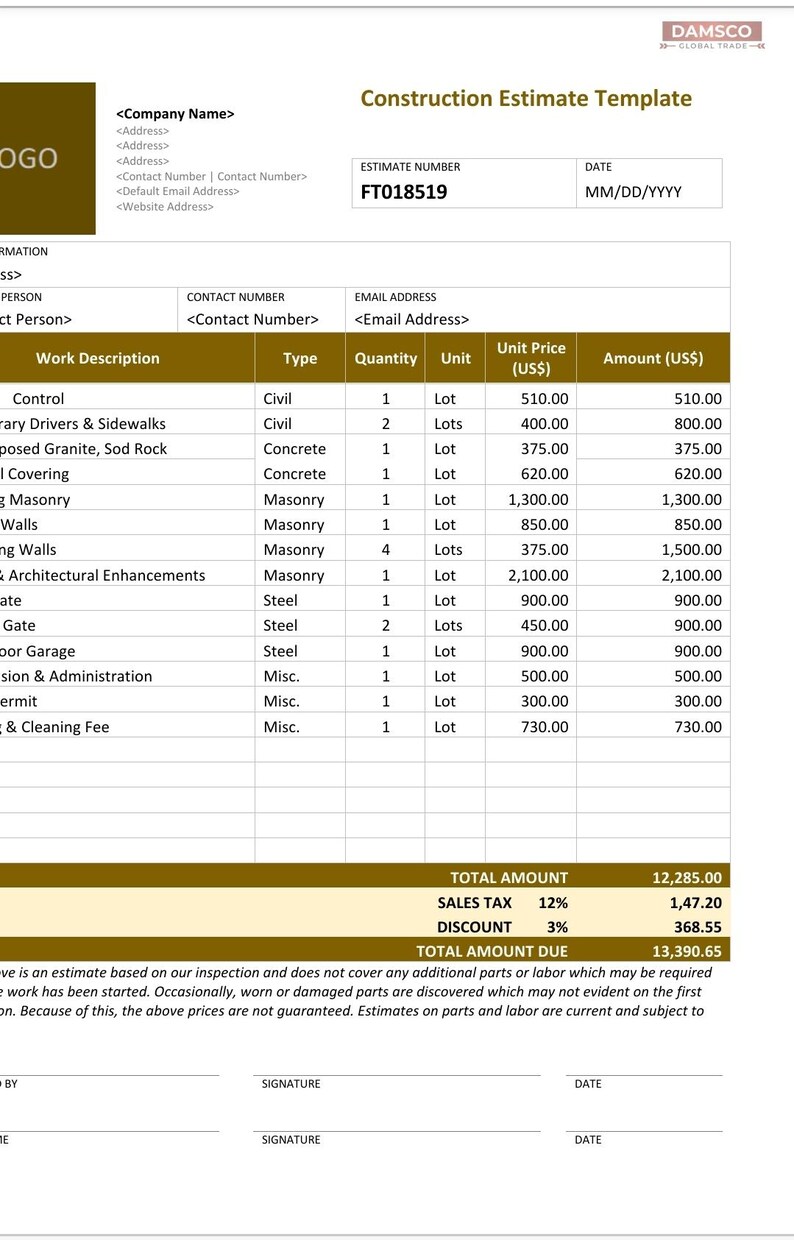 Editable Construction Work Order Template – Invoice & Estimate Form for ...