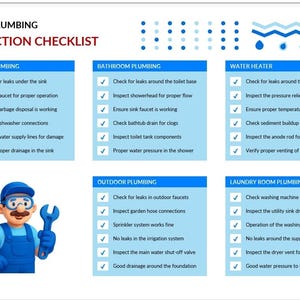 May include: A blue and white home plumbing inspection checklist with sections for kitchen, bathroom, water heater, outdoor, and laundry room. A cartoon plumber holds a wrench. The checklist includes items to inspect for leaks and proper function.