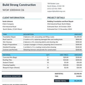 May include: Construction work order from Build Strong Construction, dated 10/29/2026. Includes client information, project details for building foundation and roof repair, task descriptions, and material quantities. The grand total is $4,290.00.