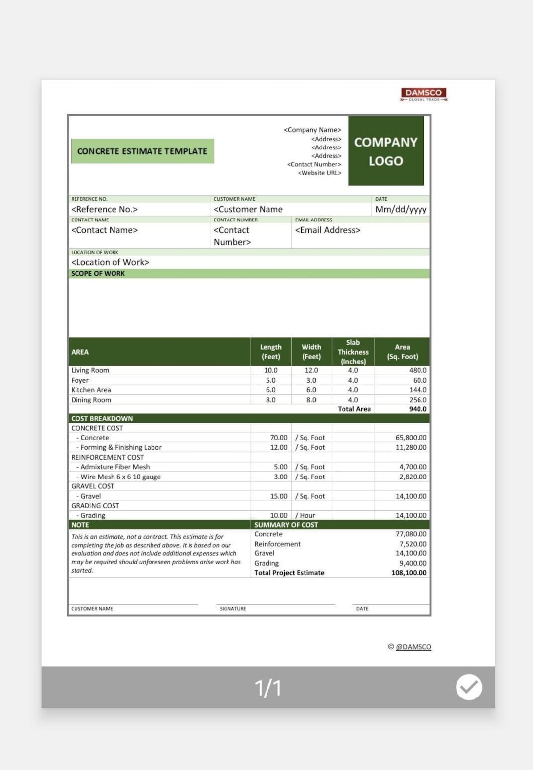 Concrete Estimate Template Construction Cost Estimator Contractor