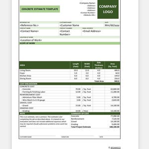 Modèle de devis concret | Estimateur des coûts de construction | Fiche de soumission de l'entrepreneur | PDF modifiable | Téléchargement numérique