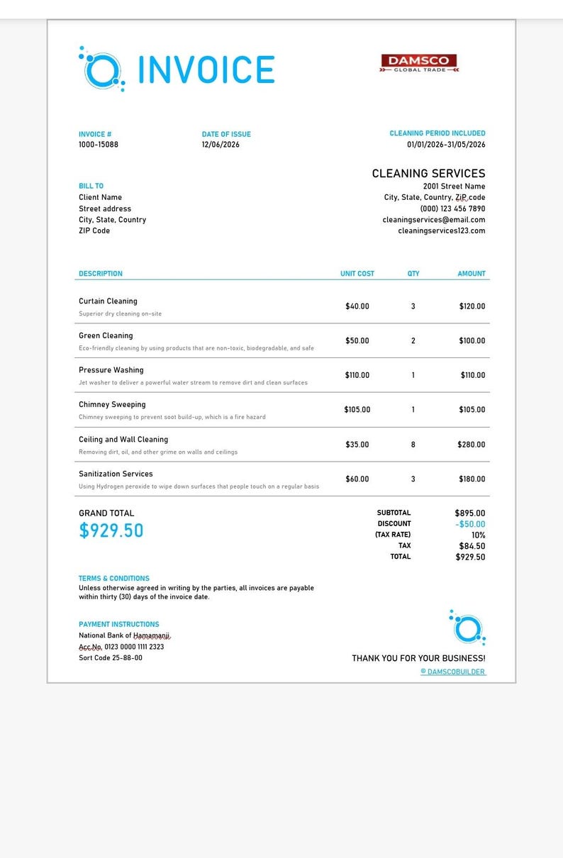 Cleaning Invoice Editable Template Small Business Accounting (digital ...