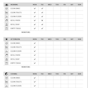 May include: A weekly bathroom cleaning checklist with sections for morning, afternoon, and evening tasks. Includes checkboxes for cleaning sinks, toilets, floors, refilling paper and soap, and emptying the bin. The checklist covers the week of May 26 to June 1, 2025.