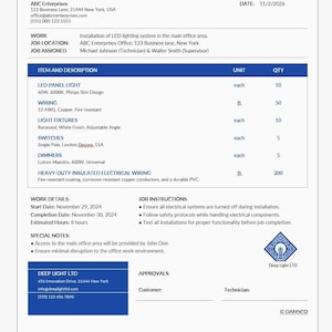 Op de afbeelding: Een elektrische werkbon met een blauwe kop, met details voor ABC Enterprises. Het bevat LED-paneelverlichting, bedrading, armaturen, schakelaars, dimmers en zware geïsoleerde elektrische bedrading. De bestelling bevat werkdetails en werkinstructies.