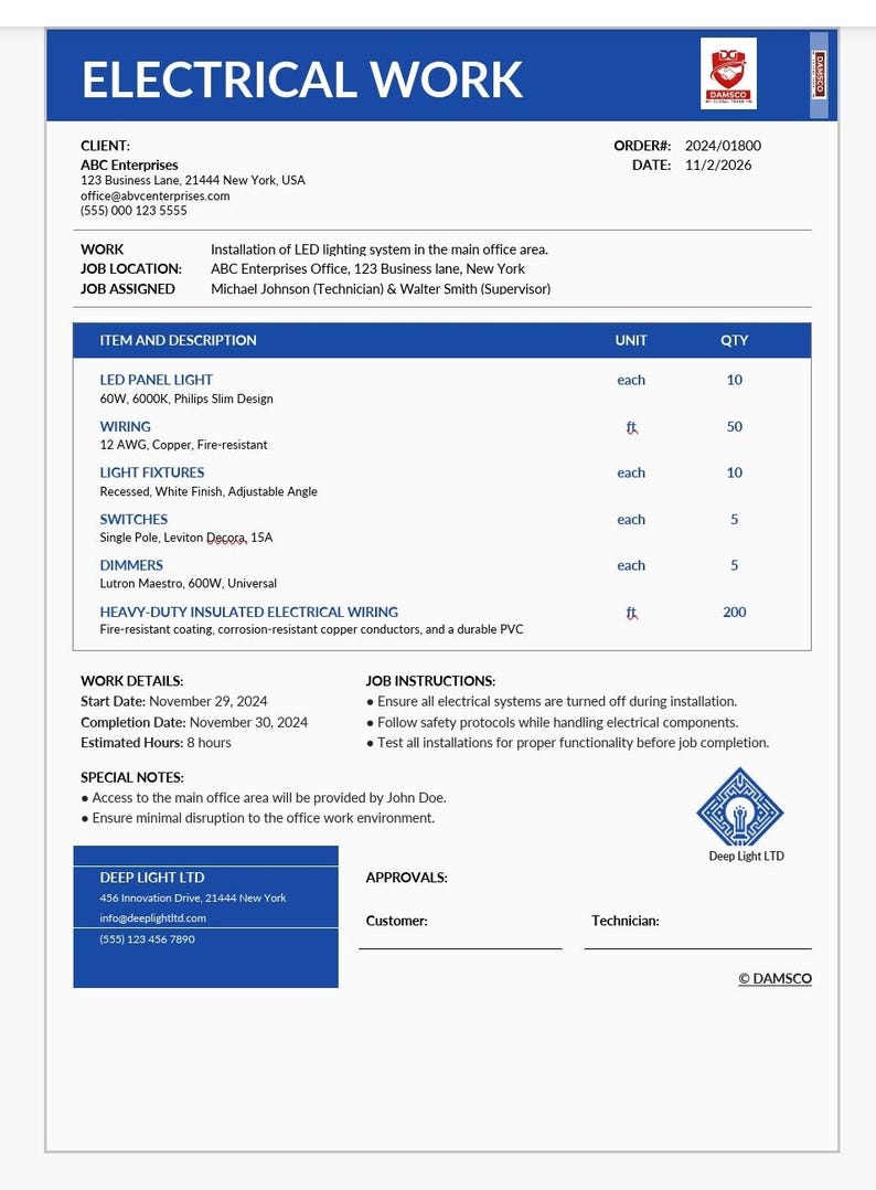 Electrical Work Invoice Template | Electrician Invoice Form | Editable ...