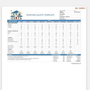 Könnte beinhalten: Eine Malervorlage mit einer Checkliste für verschiedene Bereiche eines Hauses, darunter Wohnzimmer, Esszimmer, Flure, Schlafzimmer, Arbeitszimmer und Hausaußenbereich. Die Vorlage enthält Abschnitte für kleinere Wartungsarbeiten, Oberflächenvorbereitung, Malen, Kosten und Zahlungsplan. Die Vorlage enthält auch eine Kostenaufstellung für Malen, Mobilisierung, Vorbereitung, Malen, Reinigung und Garantie.