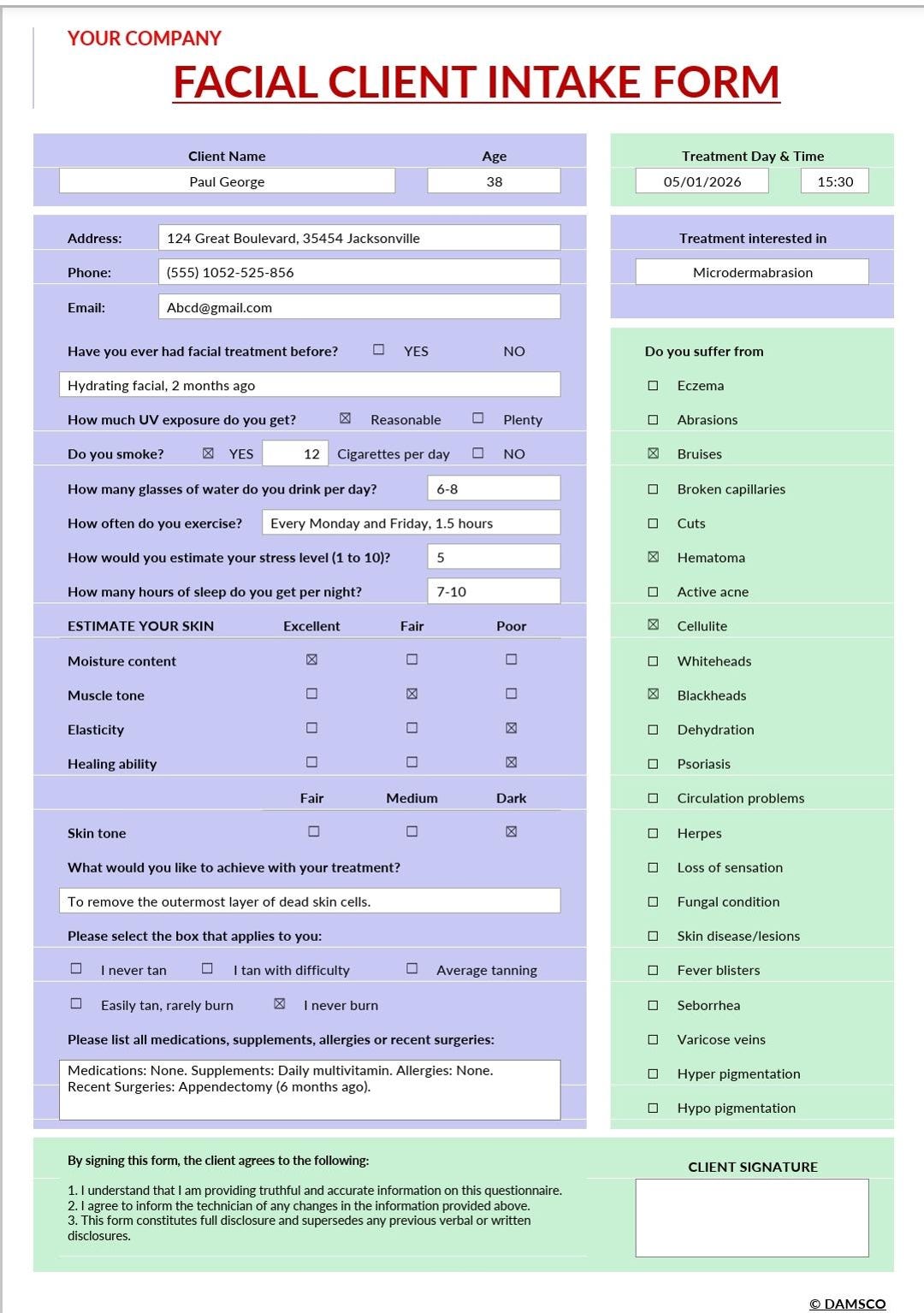 Skin Script Intake Form Esthetician Facial Intake Form, Skin Care Consultation, Editable Client ...