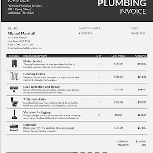 Könnte beinhalten: Klempnerrechnung von John Doe, mit Leistungen wie Kesselservice, Kanalreinigung, Leckortung, Toiletteninstallation und Vakuumreinigung. Der Gesamtbetrag beträgt 1.391,50 €.