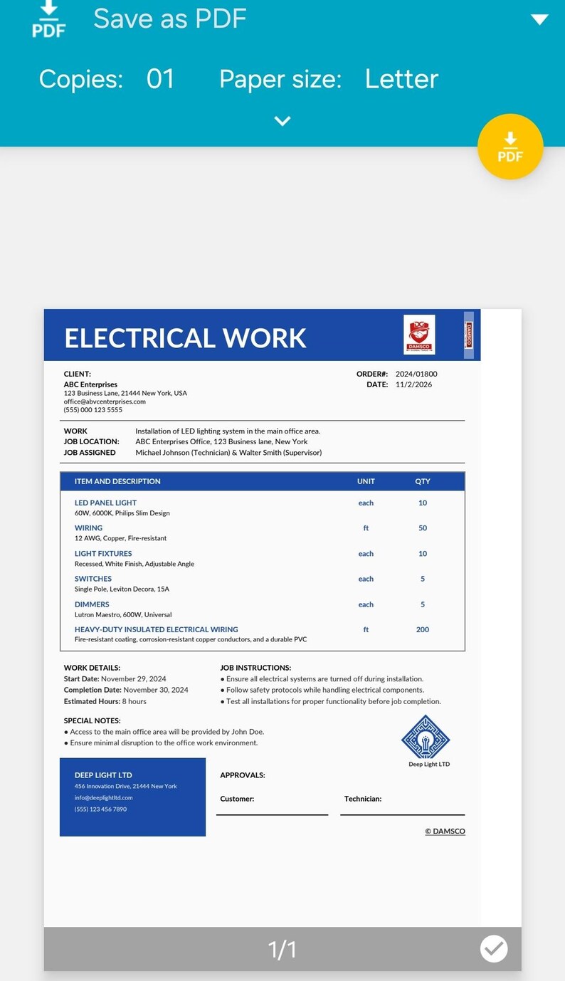 Electrical Work Invoice Template | Electrician Invoice Form | Editable ...