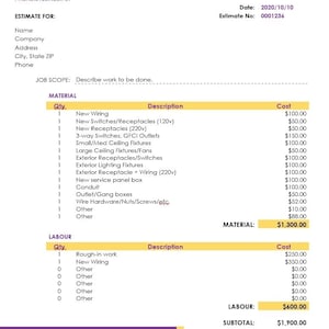 Op de afbeelding: Een elektrische offerte met een paarse kop- en voettekst. Het formulier bevat secties voor bedrijfsinformatie, schattingsdetails, materiaal- en arbeidskosten en een bedankbericht. De totale kosten bedragen $2.090,00.