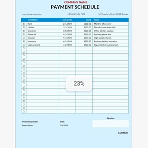 May include: A light blue payment schedule document with a header that reads "Company Name" and "Payment Schedule". The document includes a table with payment details, due dates, costs, and notes. A box displays "23%" in the center.