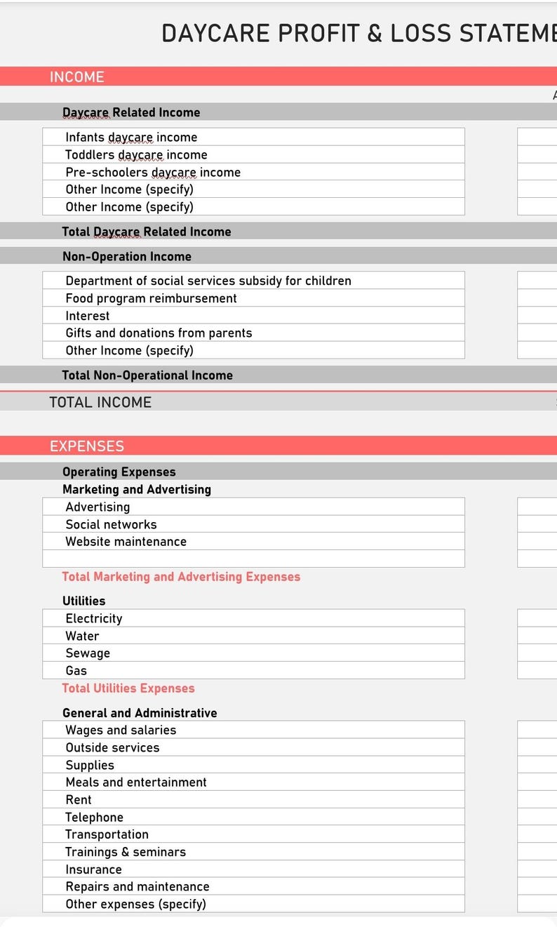 Daycare Profit and Loss Template Daycare Expense Tracker