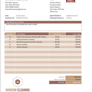 Könnte beinhalten: Ein Angebot für Fensterreinigung mit Firmen- und Kundendaten. Die Dienstleistungen umfassen die Reinigung von Fenstern, Markisen und Dachrinnen. Die Gesamtkosten betragen 225,50 $. Das Dokument enthält den Text "FENSTERREINIGUNG".