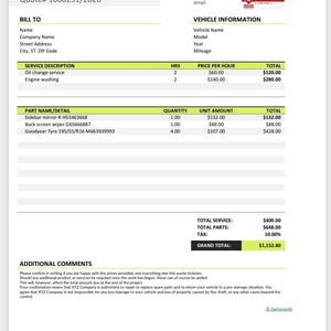 Könnte beinhalten: Kfz-Reparaturrechnung mit dem Text "BUSINESS CAR" und "Quote# 1000251/2026". Enthält Servicebeschreibungen, Teileangaben und einen Gesamtbetrag von 1.152,80 €. Das Dokument ist 1/1.