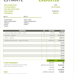 May include: Carpentry estimate form with the text "CARPENTRY ESTIMATE" at the top. The form includes sections for contact information, a detailed list of services, quantities, unit prices, and totals. The total estimate is $5,638.50.