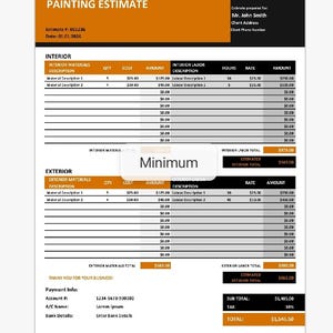 May include: A painting estimate from ABC Decoration Company. The document includes sections for interior and exterior materials and labor, with itemized costs and descriptions. The total estimated cost is $1,545.50.