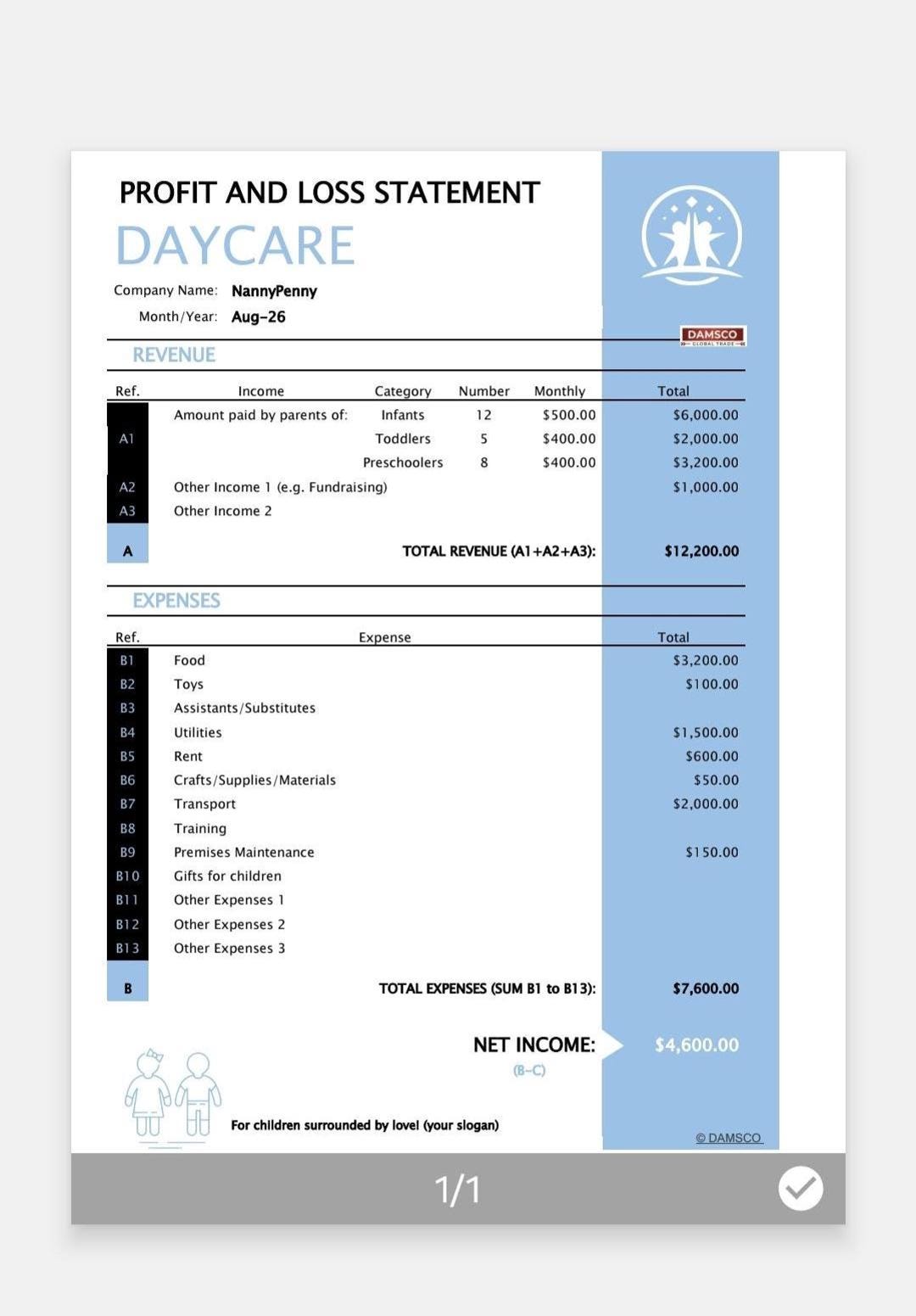 Daycare Business Profit & Loss Tracker Childcare Budget Template