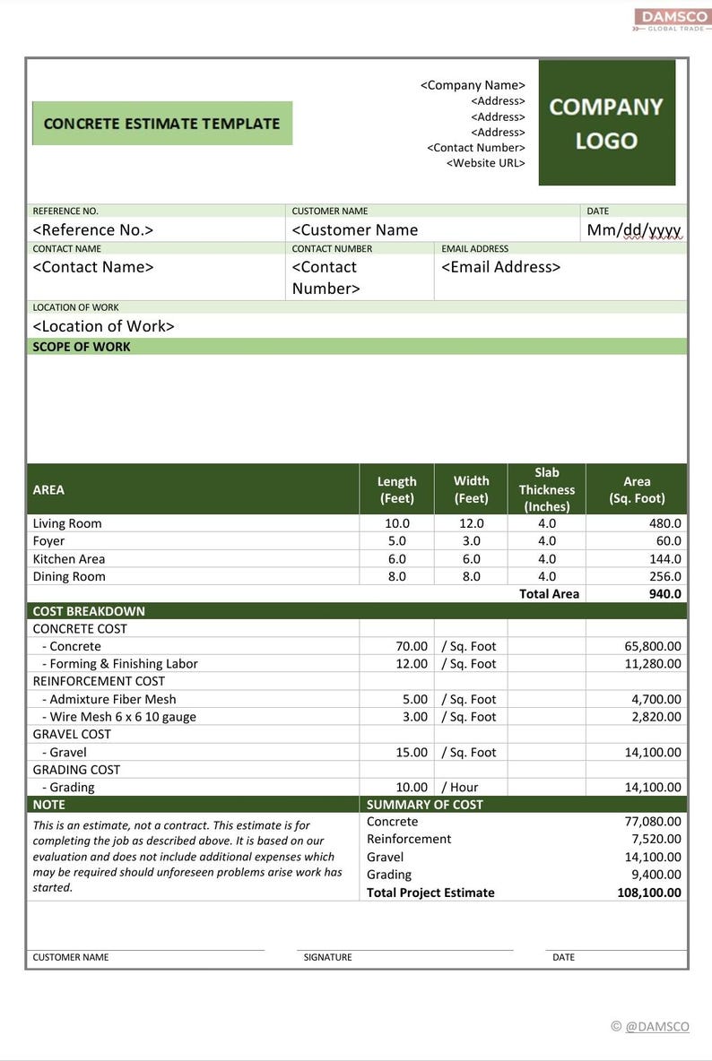 Concrete Estimate Template | Construction Cost Estimator | Contractor ...
