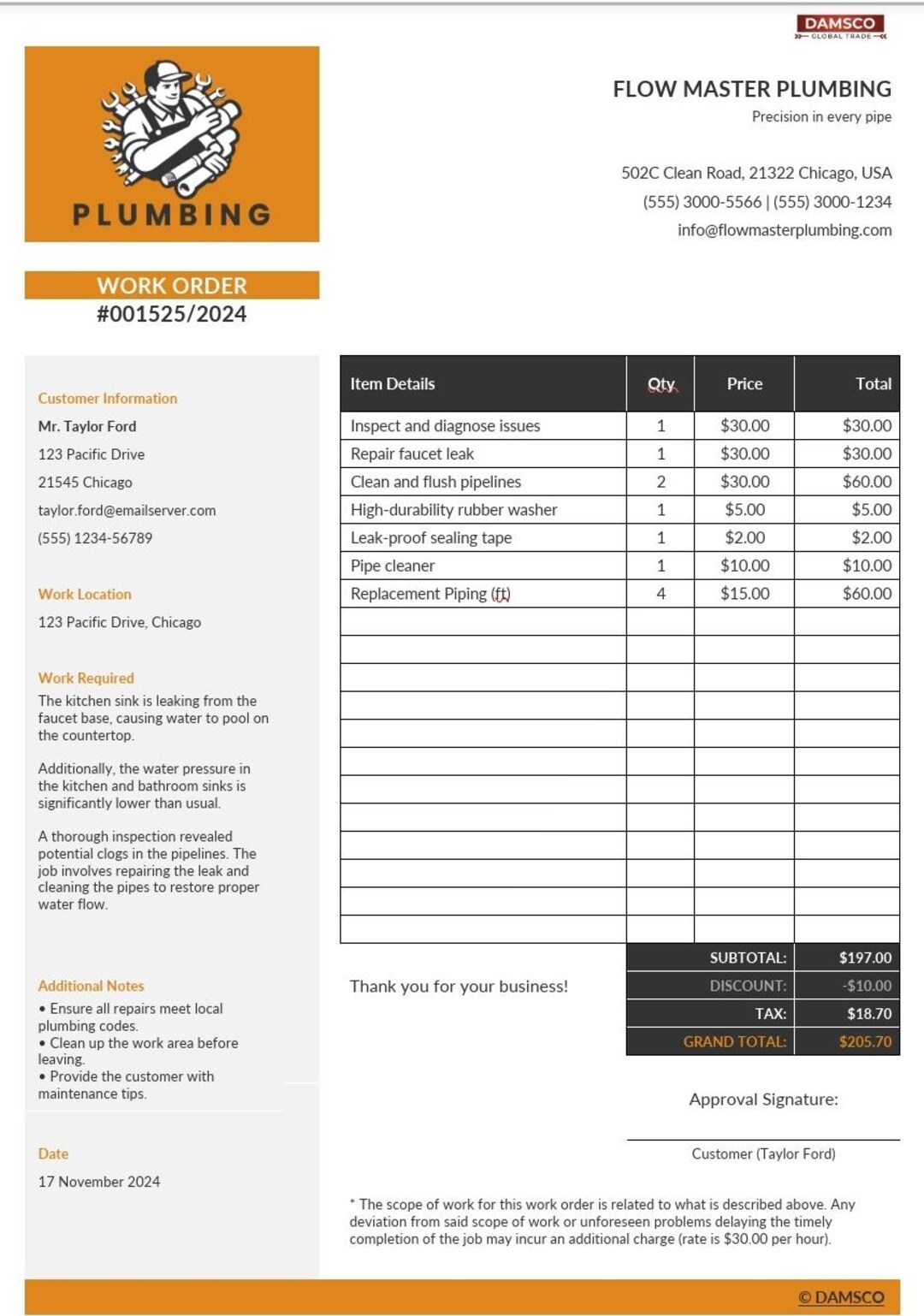 Plumbing Work Order Template Editable Service Form Microsoft Word