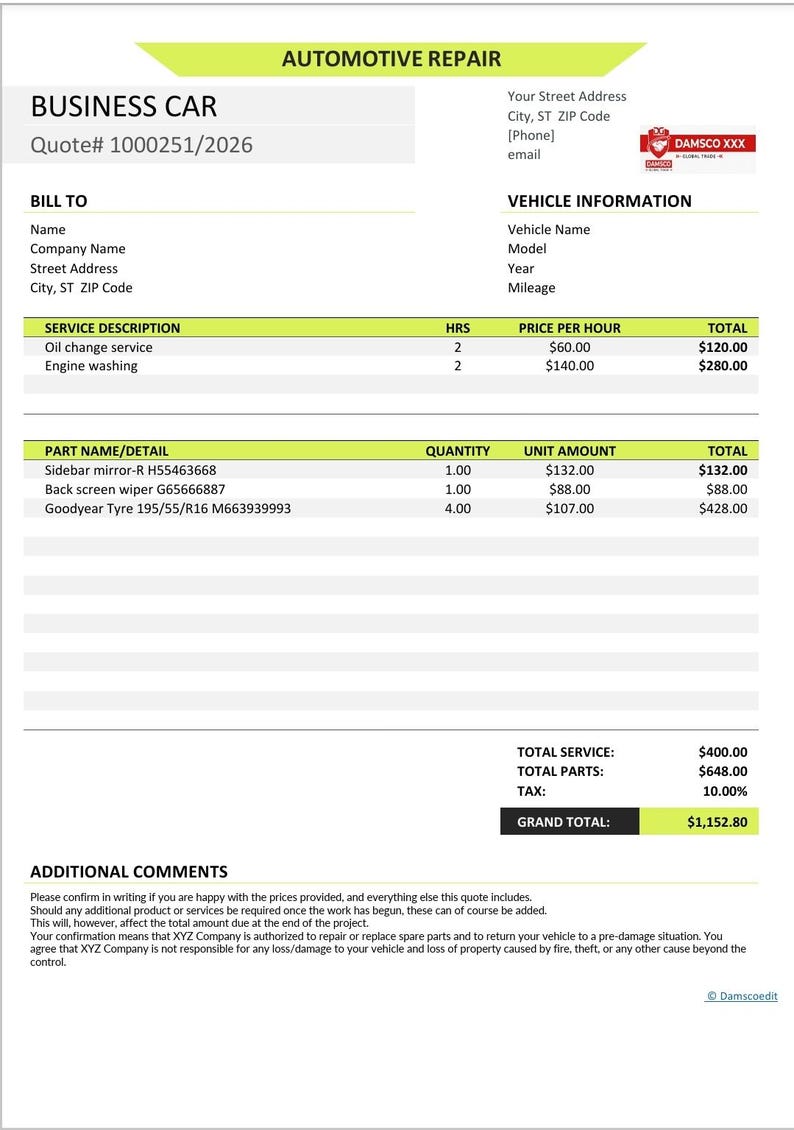 Check Engine Invoice Mechanic Invoice Template | Auto Repair Order, Editable Form (digital ...