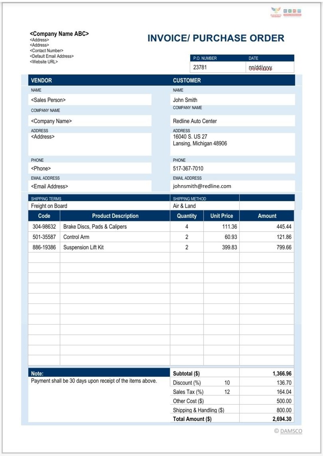 Editable Purchase Order Template | Small Business Invoice (instant ...