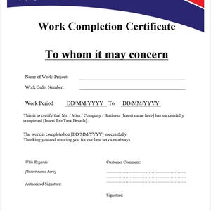Op de afbeelding: Een witte Werkvoltooiingscertificaat met een blauw en rood ontwerp aan de boven- en onderkant. Het certificaat bevat velden voor projectdetails, werkperiode en handtekeningen. De tekst "Aan wie het aangaat" is prominent aanwezig.