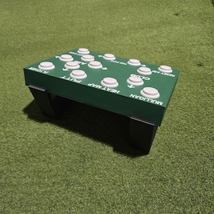 May include: A green rectangular golf training aid with white buttons and text labels. The labels include "PUTT", "HEAT MAP", and "MULLIGAN". The aid has black supports and is set on a green surface.