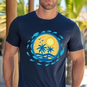 Tropical Sun & Fish Graphic T-Shirt: Hawaii Beach Tee