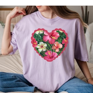 Hibiscus heart shirt, Comfort Colors Hawaiian flowers shirt, Hibiscus flowers t-shirt, tropical flowers shirt, Hibiscus plumeria tee