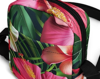 Hibiscus Crossbody Bag: Tropical Floral Water-Resistant Travel Bag